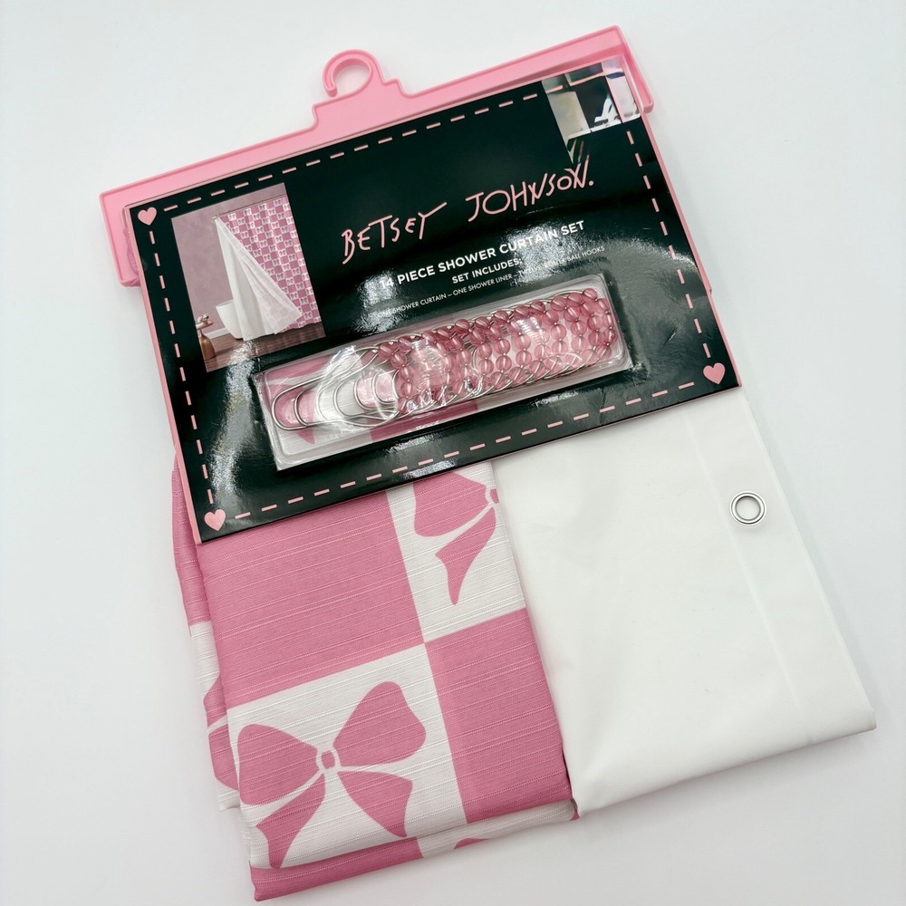 BETSEY JOHNSON 14pc COQUETTE Pink White Checkered Bow Shower Curtain Set